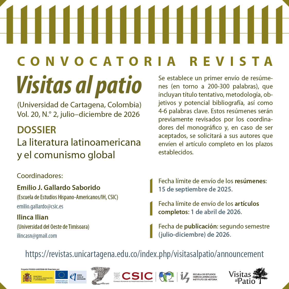 Convocatoria de artículos para el dossier "La literatura latinoamericana y el comunismo global", en la revista Visitas al Patio